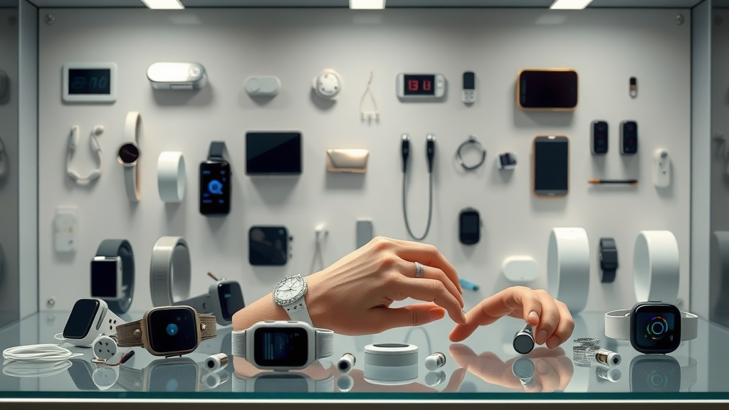 Showcase of diverse remote therapeutic monitoring devices including wearables and sensors on a sleek clinic display