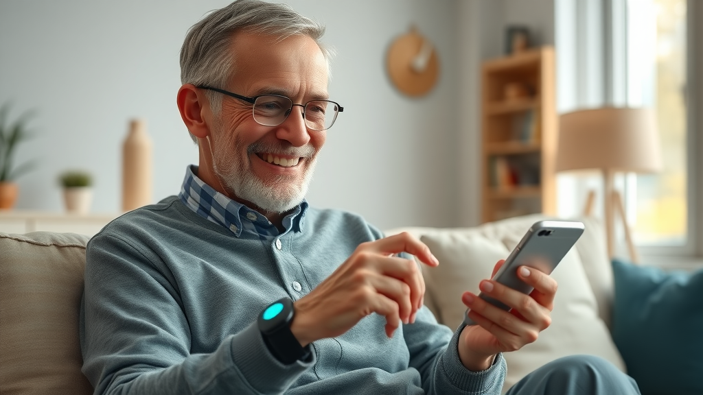 Reassured patient at home wearing a medical wearable device and checking a smartphone app for remote therapeutic monitoring