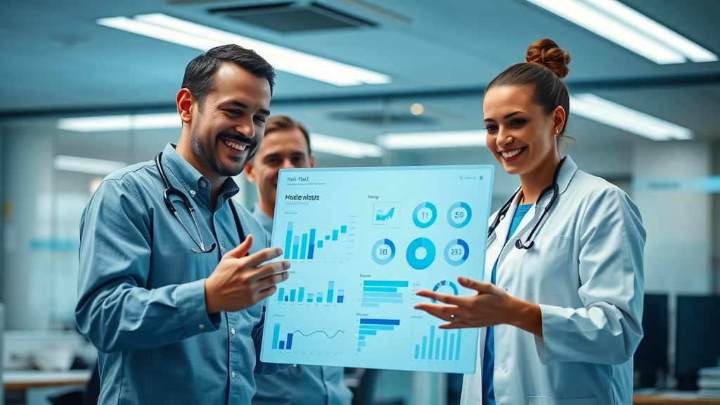 healthcare team analyzing patient data on a digital dashboard with health tools and remote patient monitoring devices, positive expressions