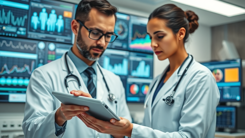 Remote Therapeutic Monitoring for physicians digital health dashboard with a physician reviewing patient data on a tablet in a modern clinic, high-detail, natural lighting