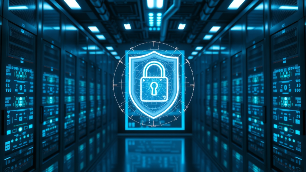 HIPAA compliant secure data server with shield icon and locked data streaming visuals for remote therapeutic monitoring for physicians, high-fidelity detail