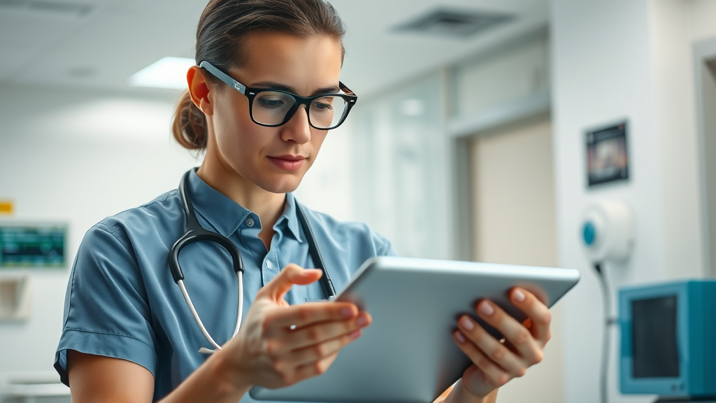Modern healthcare professional analyzing therapeutic adherence tracking data using a digital tablet in a high-tech hospital environment