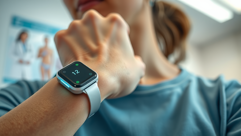 close-up of wearable remote patient monitoring devices including a smart health wristband and heart-rate sensor, physician remote care tools