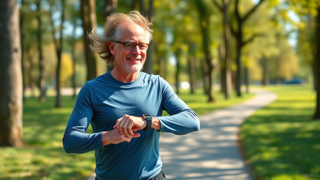 Healthy middle-aged person jogging outdoors, smiling and checking smartwatch during a run, vibrant park path and fitness attire
