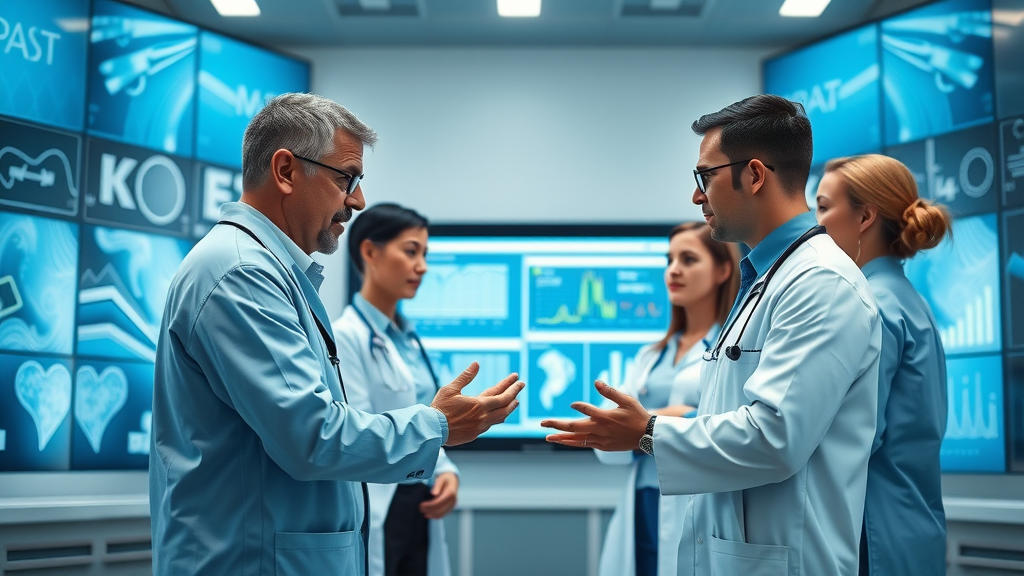 Physicians and medical team collaborating on EHR integration for remote therapeutic monitoring for physicians, contemporary digital office environment, crisp detail