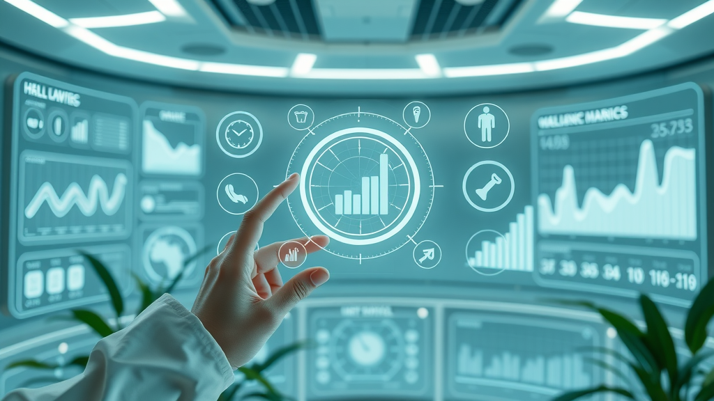 Futuristic digital health monitoring dashboard with holographic wellness metrics, clear icons, and animated charts, no people, modern environment with glowing panels and greenery