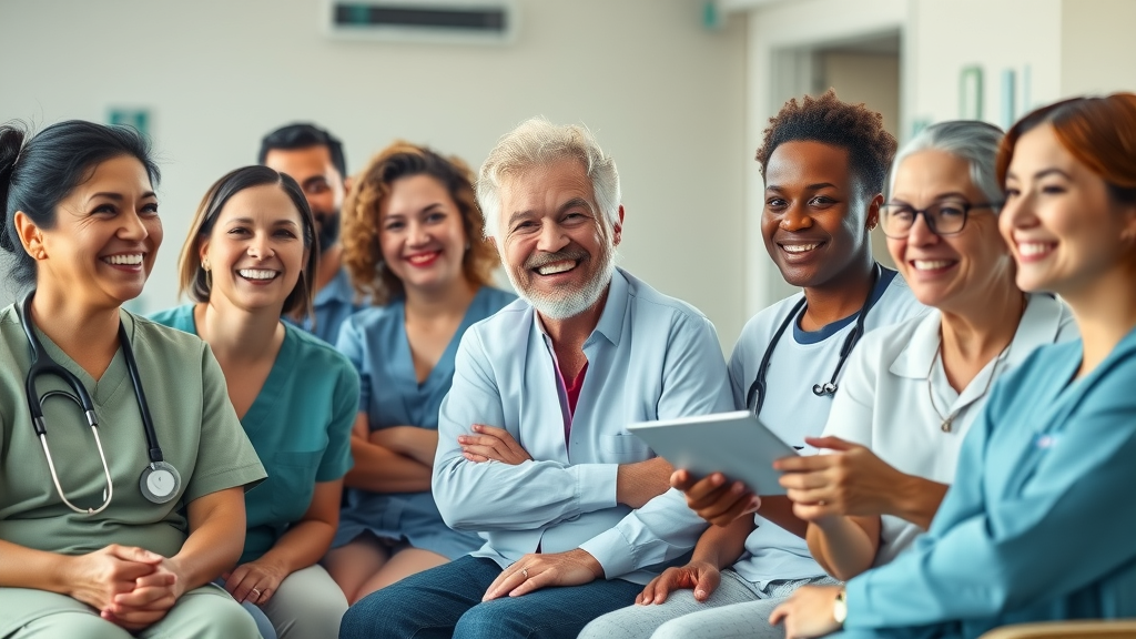 Group of satisfied patients demonstrating improved health outcomes using remote therapeutic monitoring for physicians; dynamic, well-lit waiting area with medical devices in view