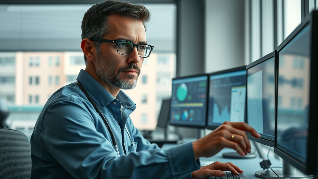 health data analyst reviewing healthcare data on multiple monitors in a modern office setting, hands-on with data visualization controls