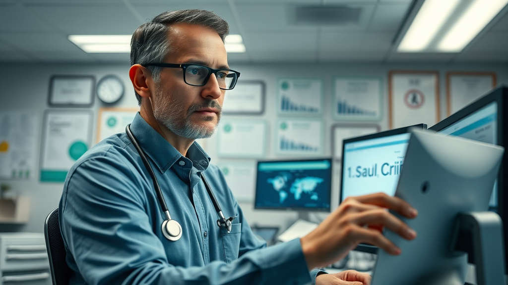 healthcare administrator reviewing remote care devices and electronic health record software, considering physician remote care tools