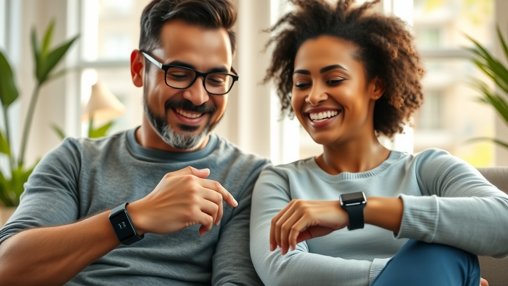 Modern diverse adults wearing digital health monitoring devices, smiling, interacting comfortably, showcasing use of smartwatches and fitness trackers, photorealistic lifelike in a bright home environment with green plants and natural daylight