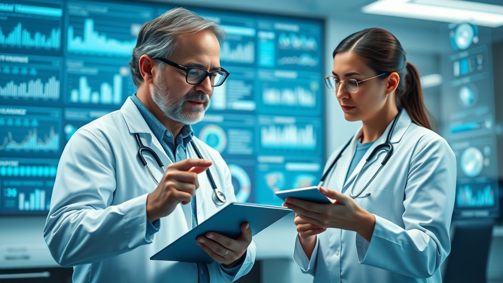 Impactful healthcare infographic showing engaged clinicians and patients analyzing digital health trends in a modern medical office with interactive data screens