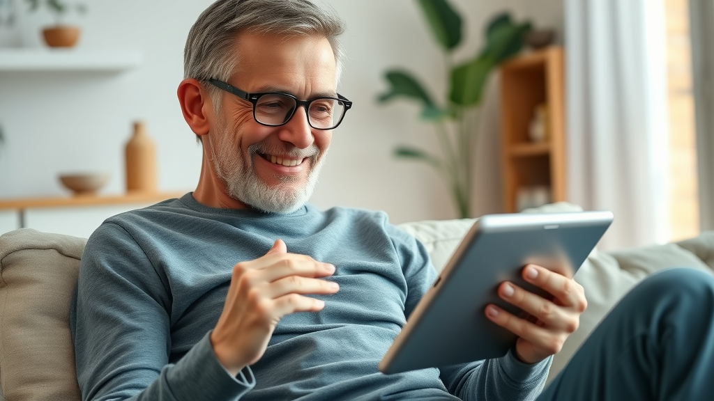 Modern patient accessing a healthcare portal on a tablet, satisfied expression, interacting with intuitive digital interface, Photorealistic High Fidelity Lifelike, contemporary home setting with cozy furnishings, highly detailed, subtle hand gestures, natural skin tones, bright natural daylight, shot with a 35mm lens.