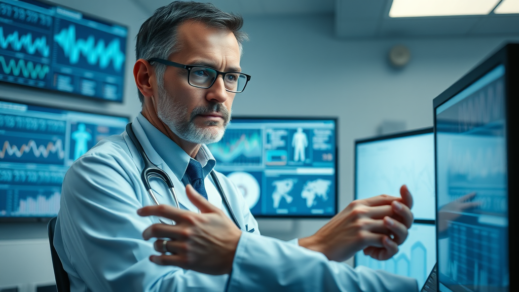 Conscientious physician analytically interpreting digital patient data on monitors in a modern exam room with digital health graphs