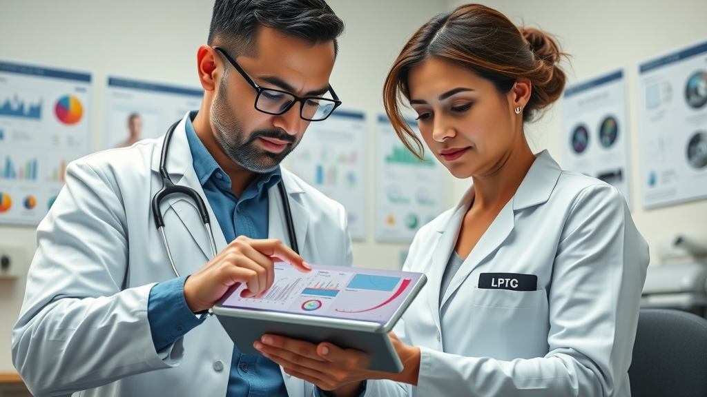 Medical professional and patient analyzing digital health monitoring data together on a tablet, collaborative atmosphere, reviewing digital health graphs and charts in a doctor