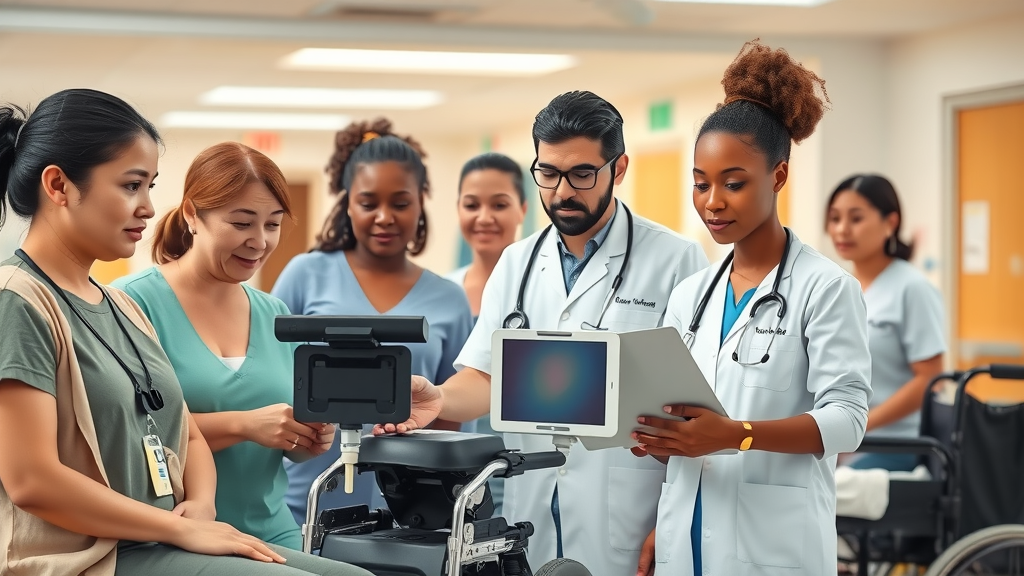 Diverse patient and provider team collaborating on remote patient monitoring setup