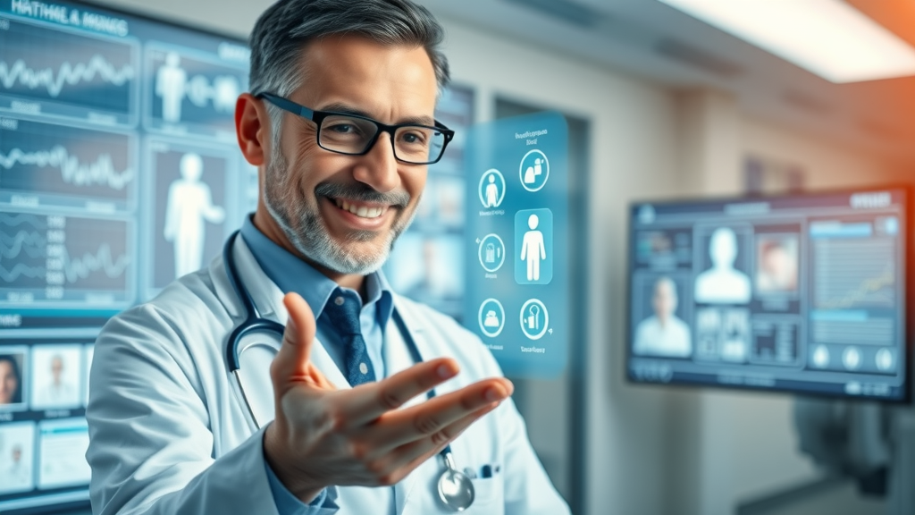 telehealth solutions doctor demonstrating virtual care via innovative healthcare technology interface in a hospital environment