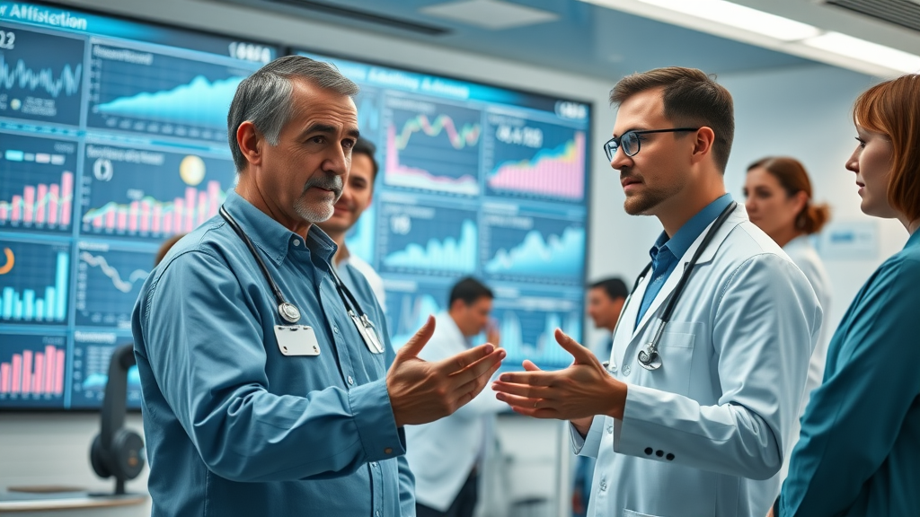 health data analytics dashboard with healthcare professionals analyzing data visualizations, modern hospital office, large digital screens, and team discussions