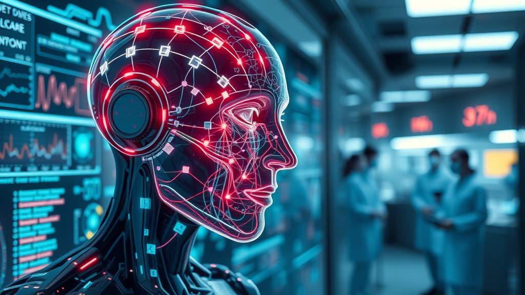 AI system performing healthcare data analytics, neural network visualizations, holographic displays, healthcare technicians in a futuristic setting