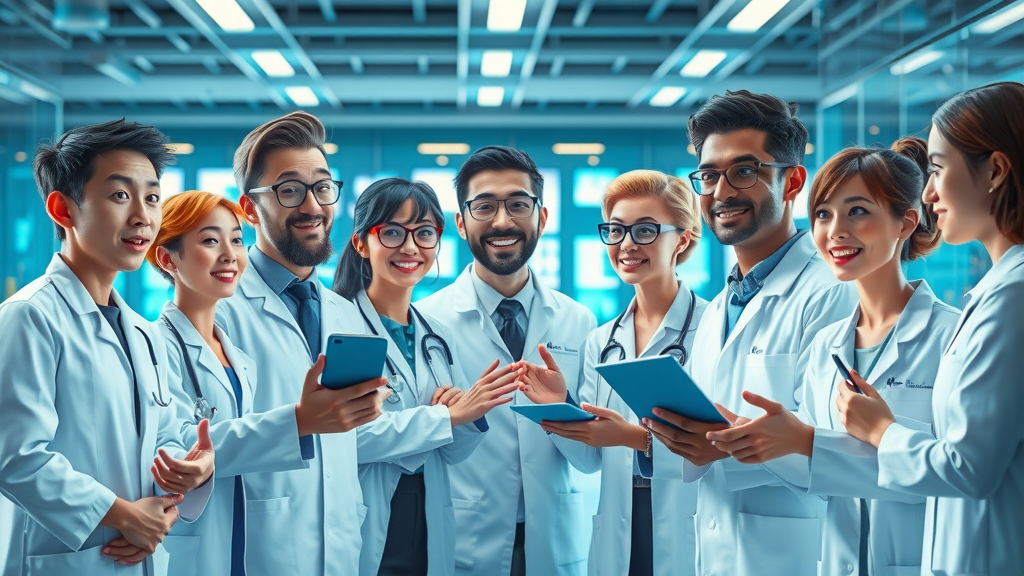 healthcare data analytics team in a futuristic research facility, team interacting with big data screens, glowing digital panels