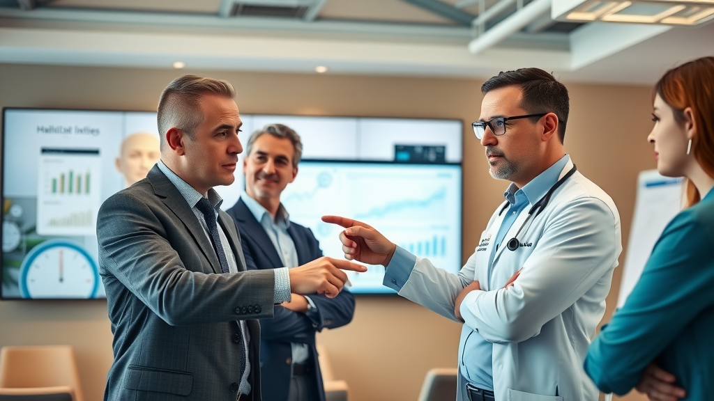 healthcare executives choosing healthcare data analytics solutions on interactive screens, evaluating software options in a modern conference room