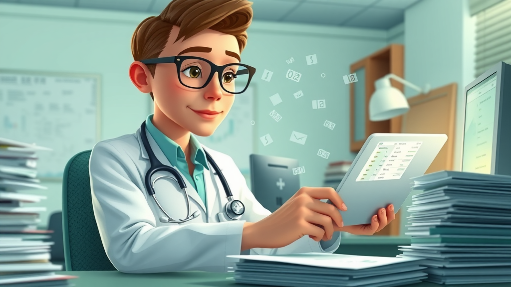 Organized healthcare administrator inputting billing codes on a tablet with medical software interface for RTM documentation