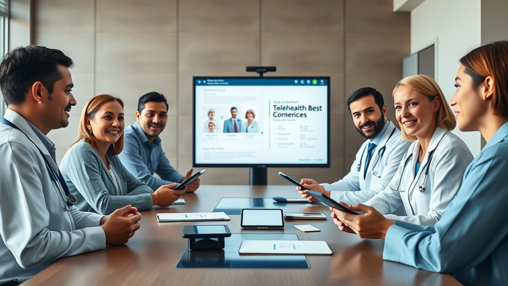 team of healthcare professionals implementing telehealth solution in conference, discussing best practices for virtual care