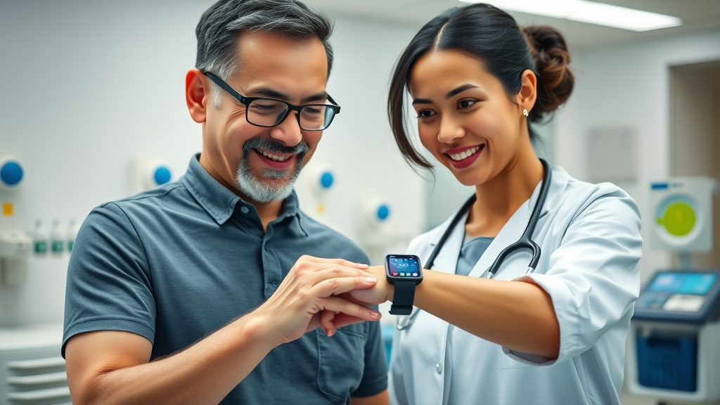 Smiling patient and healthcare provider using wearable health technology, collaborative expressions, observing real-time health data on a digital display, Photorealistic High Fidelity Lifelike, modern clinic setting with medical equipment in background, highly detailed, dynamic data visualization, vibrant colors, balanced indoor lighting, shot with a 50mm lens.