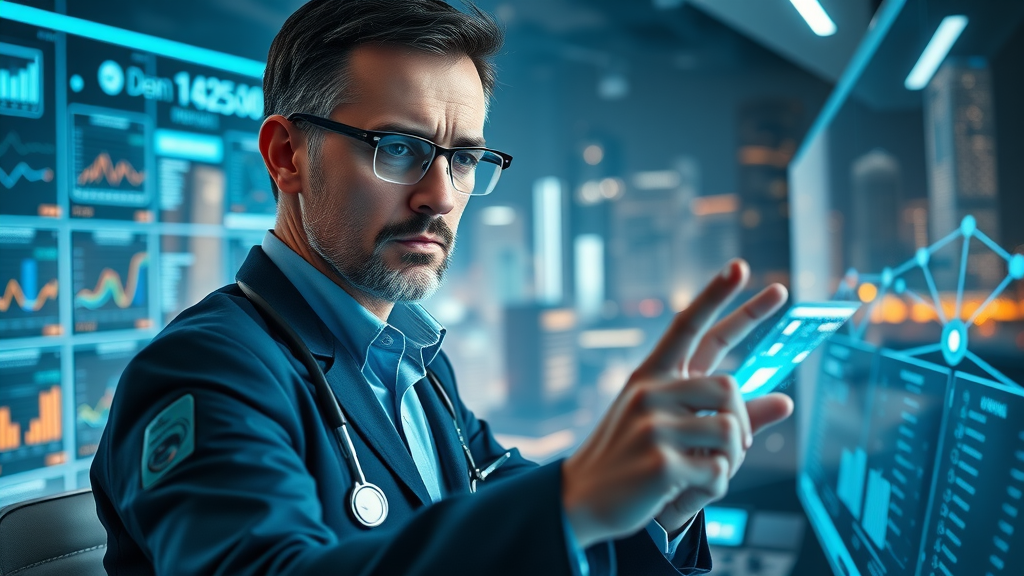 health informatics specialist examining integrated healthcare data flows on futuristic transparent screens, high-tech command center, glowing data nodes
