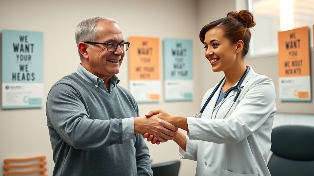 Happy patient and healthcare provider shaking hands after successful therapeutic adherence tracking in a bright, uplifting medical office