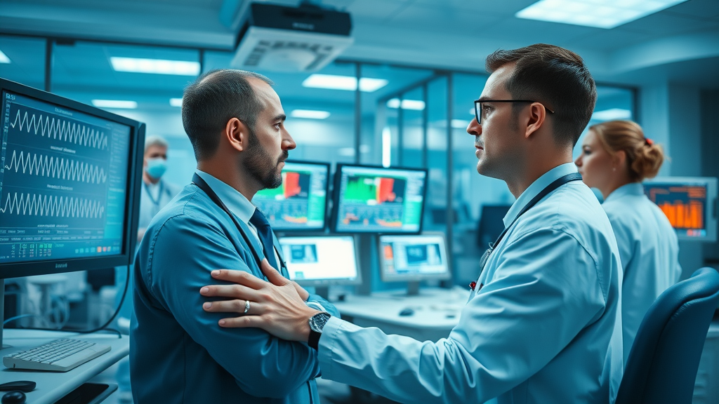 real-time patient monitoring with healthcare data analytics in a high-tech ICU setting, clinicians analyzing patient data streams on large screens