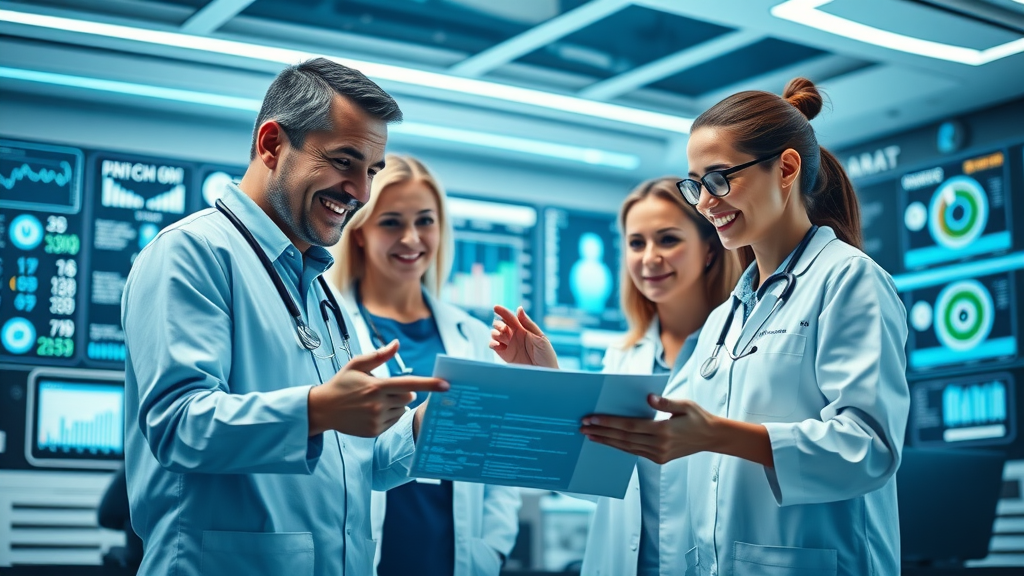 Dynamic healthcare team collaborating, analyzing live patient data dashboards in a futuristic hospital command center for RTM