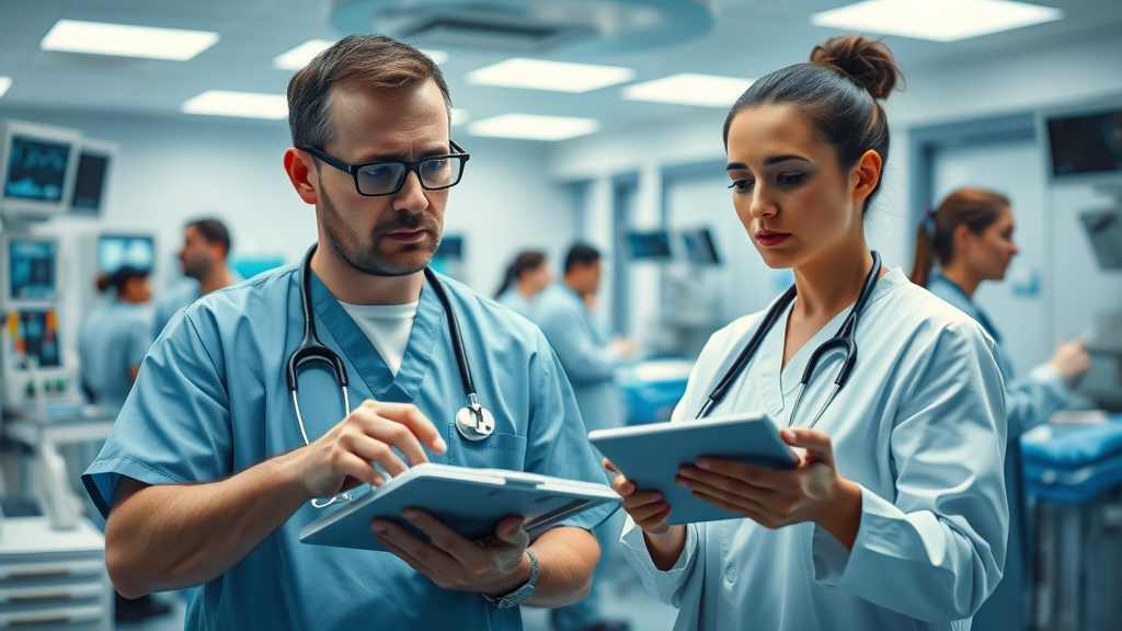 Hospital staff reviewing remote patient monitoring data and vital sign alerts