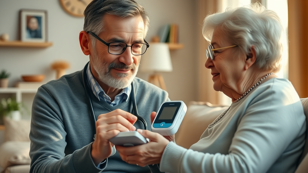 doctor instructing elderly patient on using a remote blood pressure monitor, showing effective use of remote patient monitoring devices