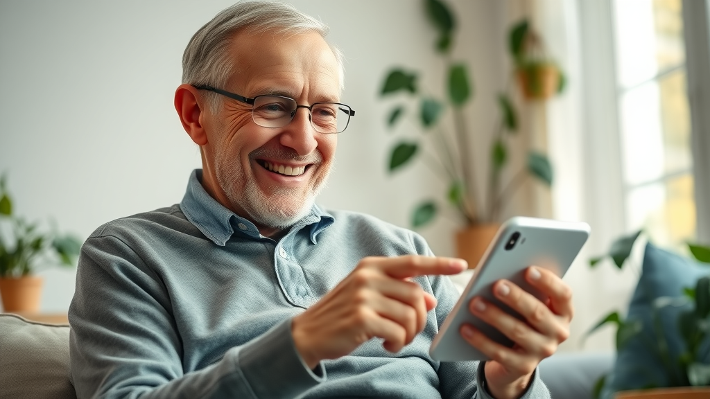 Elderly patient using remote patient monitoring device in a sunlit living room