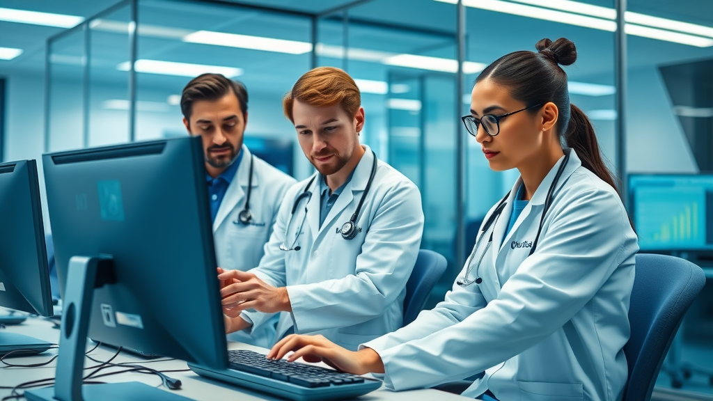 Medical team collaborating at computer workstations to set up therapeutic adherence tracking dashboards in a modern clinical environment