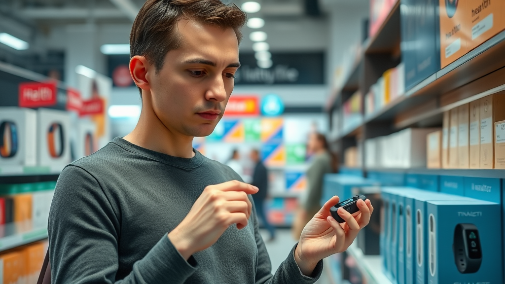 Thoughtful shopper comparing digital health monitoring devices such as smartwatches and fitness bands on colorful display shelves, evaluating wellness tech choices