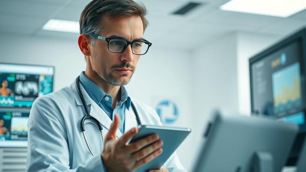 Inquisitive healthcare professional researching remote monitoring devices in a contemporary clinical environment with digital displays