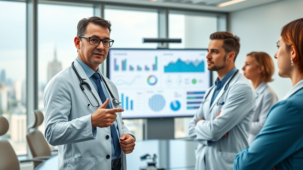 Confident medical professional presenting digital patient engagement data to colleagues, analytical and engaged expressions, pointing at data-rich dashboard on a large digital screen, Photorealistic High Fidelity Lifelike, modern hospital boardroom with city view out the window, highly detailed, animated data visual elements, professional attire, bright conference lighting, shot with an 85mm lens.