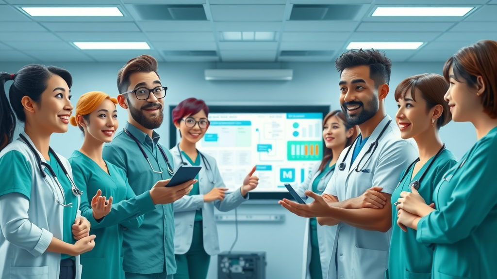 Supportive medical team collaboratively discussing process improvements with digital workflow charts in a high-tech training room