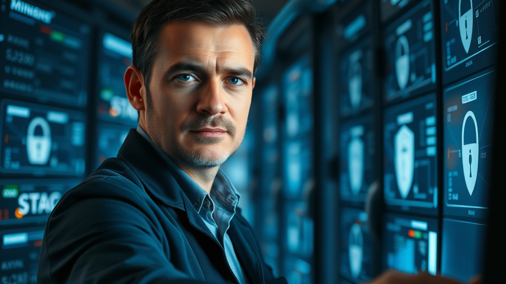 IT security specialist monitoring encrypted healthcare data analytics in a secure server room, glowing security icons, deep blue lighting