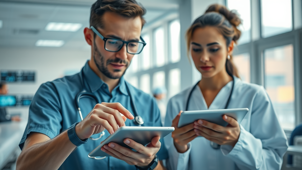 cutting-edge remote patient monitoring devices and professional healthcare staff using tablets in a modern hospital with patients monitored remotely, physician remote care tools in action