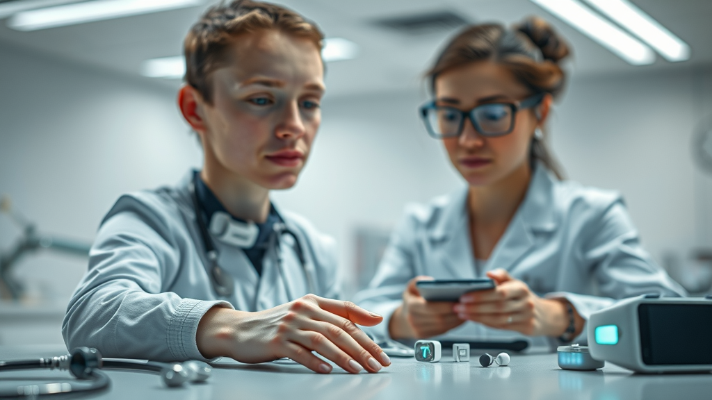 assortment of modern wearable medical devices and monitoring apps for remote therapeutic monitoring for physicians on a clean clinical desk, soft glowing lights