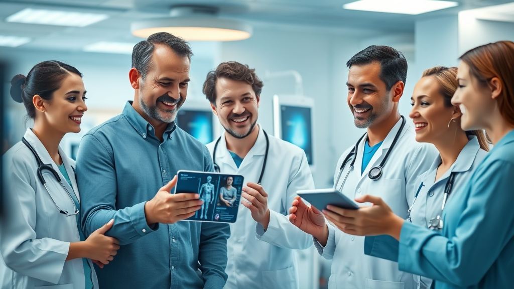 Dynamic healthcare team interacting with innovative digital patient engagement interfaces, positive facial expressions, actively discussing and demonstrating technology, Photorealistic High Fidelity Lifelike, modern healthcare facility background with digital screens and medical equipment, highly detailed, engaging movement, crisp resolution, cool blues and whites, soft ambient hospital lighting, shot with a 50mm lens.
