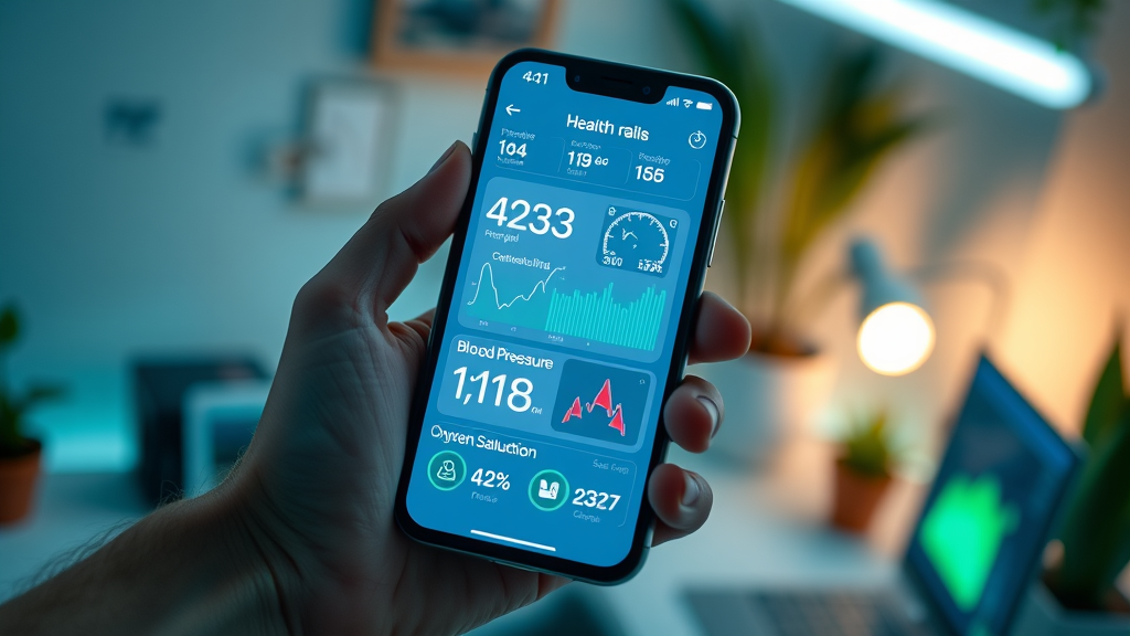 Close-up of a digital health app interface showing tracked heart rate, blood pressure, and oxygen saturation, user holding smartphone with organized stats and glowing icons