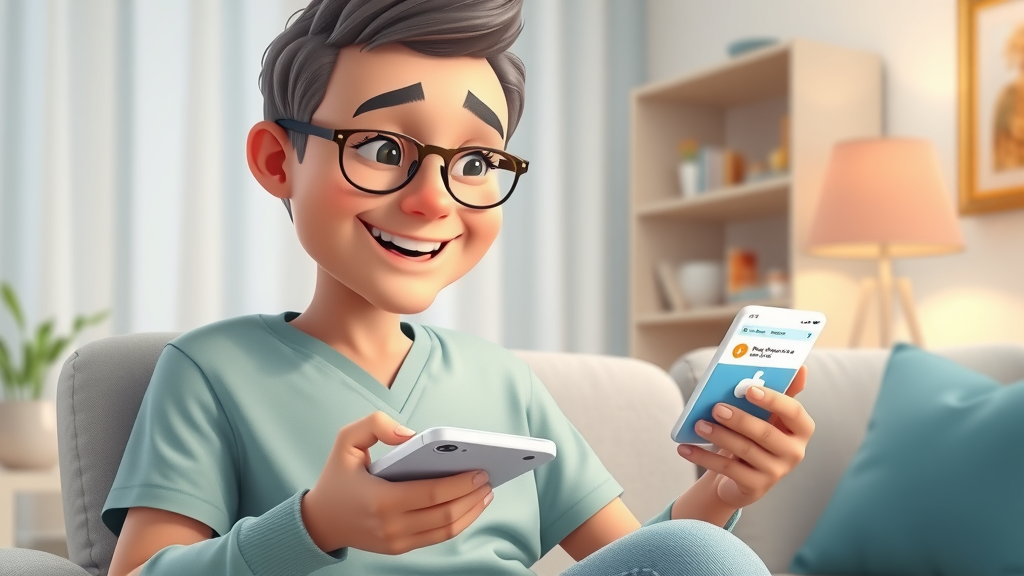 Patient interacting with a smart device receiving a therapeutic adherence reminder notification, depicted in a 2D cartoon home setting for patient compliance