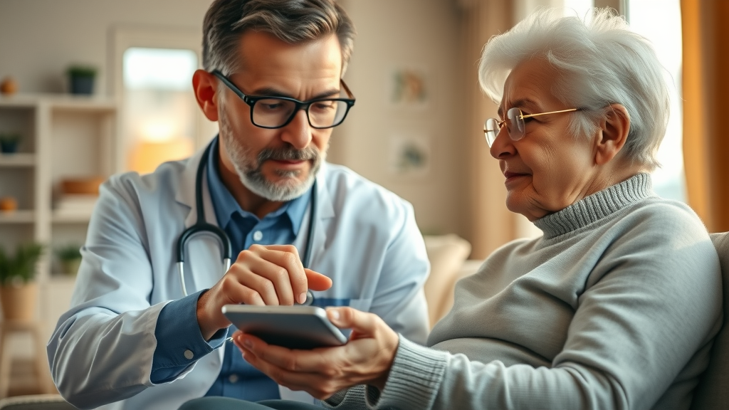 Dedicated physician helping an elderly patient use a health monitoring app for Remote Therapeutic Monitoring for physicians in a cozy home environment, sunlit and natural